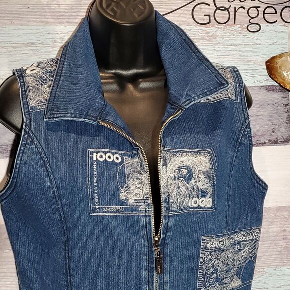 Bobo Jeans Denim Zip Up Money Embroidered Romper Jumper Sz L Cut Offs Summer 623 - Picture 3 of 9